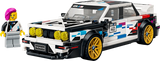 Front three quarter view of the LEGO Speed Champions BMW M3 (E30) 77263 with gold wheels and the BMW driver minifigure