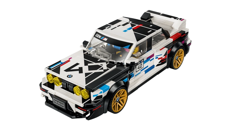 High angle front view of the LEGO Speed Champions BMW M3 (E30) 77263 showing the bonnet graphics and rear wing