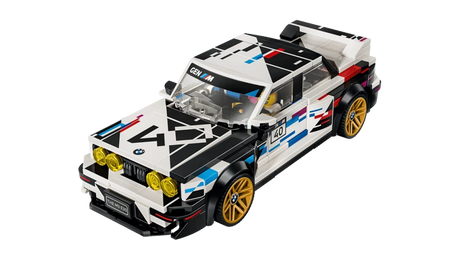 High angle front view of the LEGO Speed Champions BMW M3 (E30) 77263 showing the bonnet graphics and rear wing