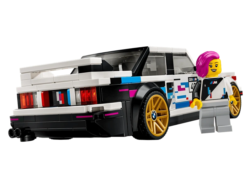 Rear three quarter view of the LEGO Speed Champions BMW M3 (E30) 77263 model with the BMW driver minifigure