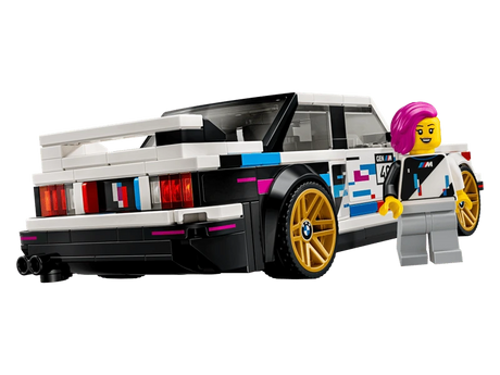 Rear three quarter view of the LEGO Speed Champions BMW M3 (E30) 77263 model with the BMW driver minifigure
