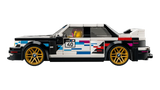 Side profile of the LEGO Speed Champions BMW M3 (E30) 77263 showing the number 40 door graphic and gold wheels