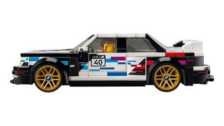 Side profile of the LEGO Speed Champions BMW M3 (E30) 77263 showing the number 40 door graphic and gold wheels
