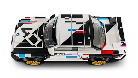 Top view of the LEGO Speed Champions BMW M3 (E30) 77263 showing the roof, bonnet graphics and rear wing