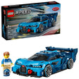 LEGO Speed Champions Bugatti Vision Gran Turismo Hyper Sports Car displayed beside the product box, showing the blue race car model and driver minifigure in a Bugatti outfit