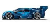 Side view of the LEGO Speed Champions Bugatti Vision Gran Turismo Hyper Sports Car showing the low profile body, wide tyres, wheel design and rear wing