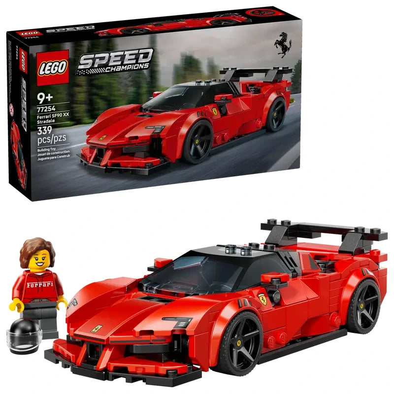 LEGO Speed Champions Ferrari SF90 XX Stradale shown beside the product box with the built red sports car and driver minifigure
