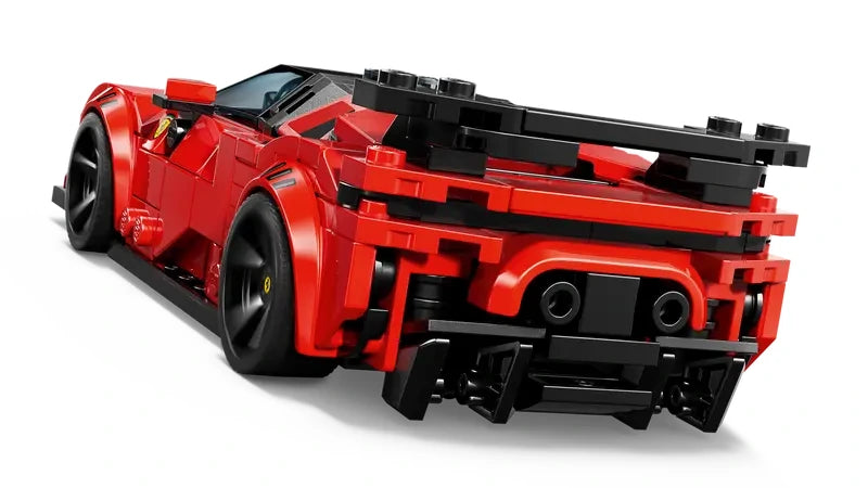Rear angled view of the LEGO Speed Champions Ferrari SF90 XX Stradale showing high tailpipes, rear wing, and diffuser details 