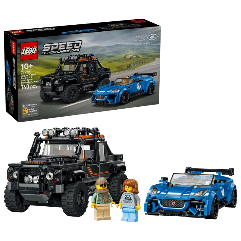 LEGO Speed Champions Jaguar Project 7 and Land Rover Defender 77264 box beside both completed cars and two driver minifigures