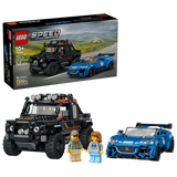 LEGO Speed Champions Jaguar Project 7 and Land Rover Defender 77264 box beside both completed cars and two driver minifigures