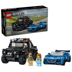LEGO Speed Champions Jaguar Project 7 and Land Rover Defender 77264 box beside both completed cars and two driver minifigures