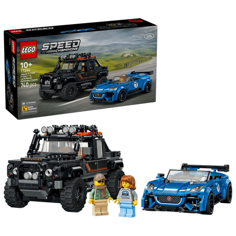 LEGO Speed Champions Jaguar Project 7 and Land Rover Defender 77264 box beside both completed cars and two driver minifigures
