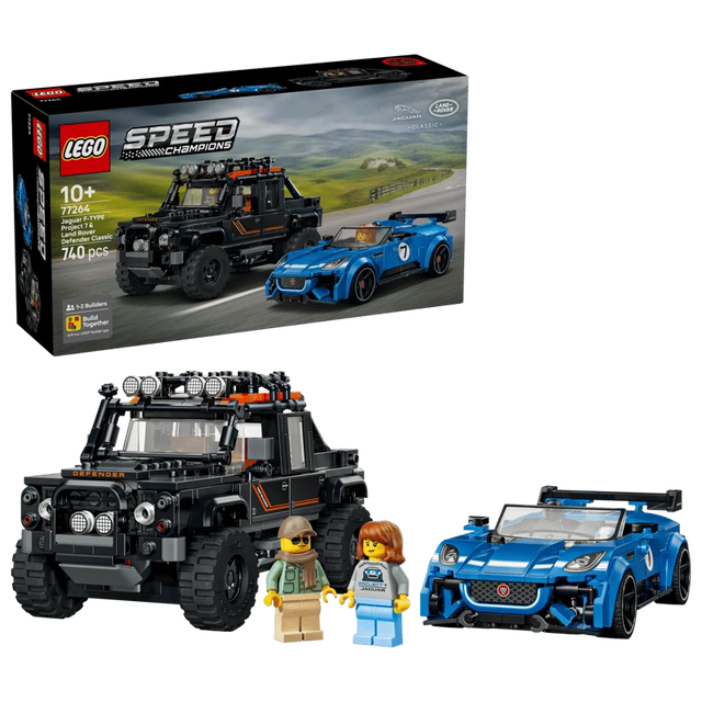 LEGO Speed Champions Jaguar Project 7 and Land Rover Defender 77264 box beside both completed cars and two driver minifigures