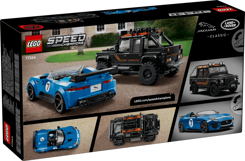 Back of the LEGO Speed Champions Jaguar Project 7 and Land Rover Defender 77264 box showing both completed cars and additional model views