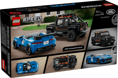 Back of the LEGO Speed Champions Jaguar Project 7 and Land Rover Defender 77264 box showing both completed cars and additional model views