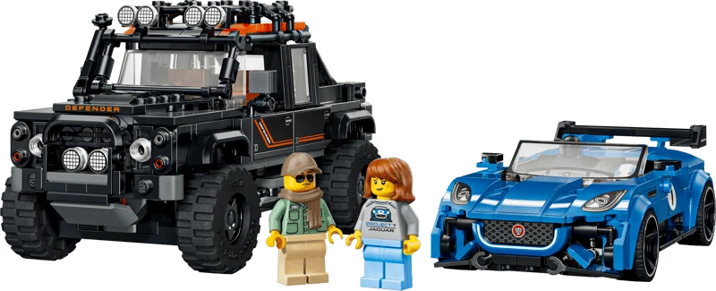Completed LEGO Speed Champions Jaguar Project 7 and Land Rover Defender 77264 models with two driver minifigures