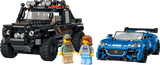 Completed LEGO Speed Champions Jaguar Project 7 and Land Rover Defender 77264 models with two driver minifigures