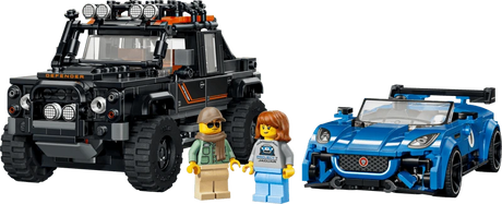 Completed LEGO Speed Champions Jaguar Project 7 and Land Rover Defender 77264 models with two driver minifigures