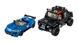 Front three quarter view of the LEGO Speed Champions Jaguar Project 7 and Land Rover Defender 77264 models with drivers seated inside