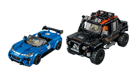 Front three quarter view of the LEGO Speed Champions Jaguar Project 7 and Land Rover Defender 77264 models with drivers seated inside
