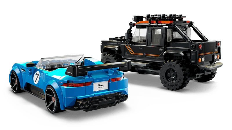 Rear three quarter view of the LEGO Speed Champions Jaguar Project 7 and Land Rover Defender 77264 models