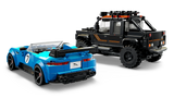 Rear three quarter view of the LEGO Speed Champions Jaguar Project 7 and Land Rover Defender 77264 models