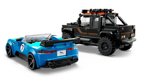 Rear three quarter view of the LEGO Speed Champions Jaguar Project 7 and Land Rover Defender 77264 models