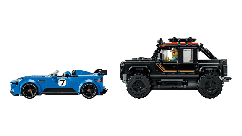 Side view of the LEGO Speed Champions Jaguar Project 7 and Land Rover Defender 77264 models