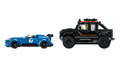 Side view of the LEGO Speed Champions Jaguar Project 7 and Land Rover Defender 77264 models