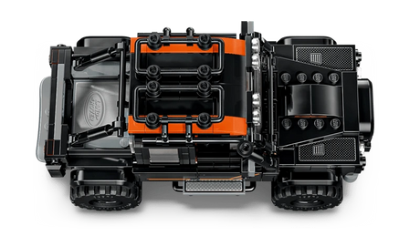 Top view of the black LEGO Speed Champions Land Rover Defender 77264 model showing the roof rack