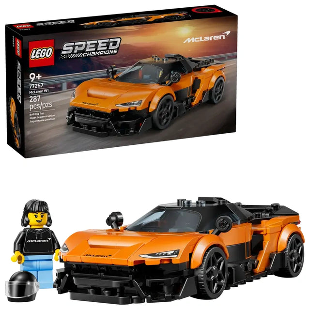 LEGO Speed Champions McLaren W1 with orange and black car model, black wheels, driver minifigure, helmet accessory, and retail box shown on a white background
