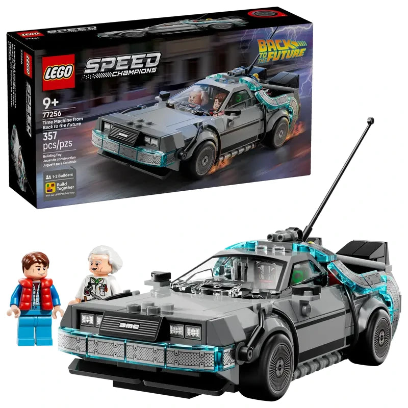LEGO Speed Champions Time Machine from Back to the Future shown with the retail box, grey car with blue transparent parts, rear equipment and two minifigures beside the car on a white background