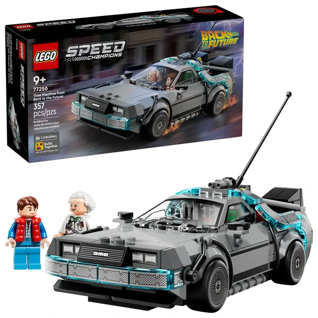 LEGO Speed Champions Time Machine from Back to the Future shown with the retail box, grey car with blue transparent parts, rear equipment and two minifigures beside the car on a white background