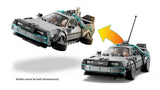 Two views of the LEGO Speed Champions Time Machine showing the standard driving version and the raised flying version with wheels turned sideways, with an arrow showing the change between builds