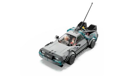 Angled front view of the LEGO Speed Champions Time Machine from Back to the Future showing the grey body, blue transparent details, rear components and two minifigures seated in the cockpit