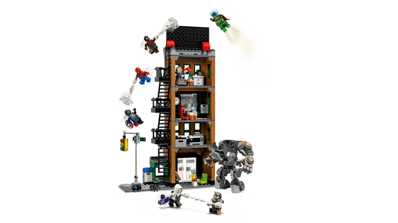 LEGO Daily Bugle building with Spider-Man characters and Rhino mech battle