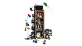 LEGO Daily Bugle building with Spider-Man characters and Rhino mech battle