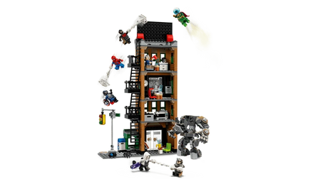 LEGO Daily Bugle building with Spider-Man characters and Rhino mech battle