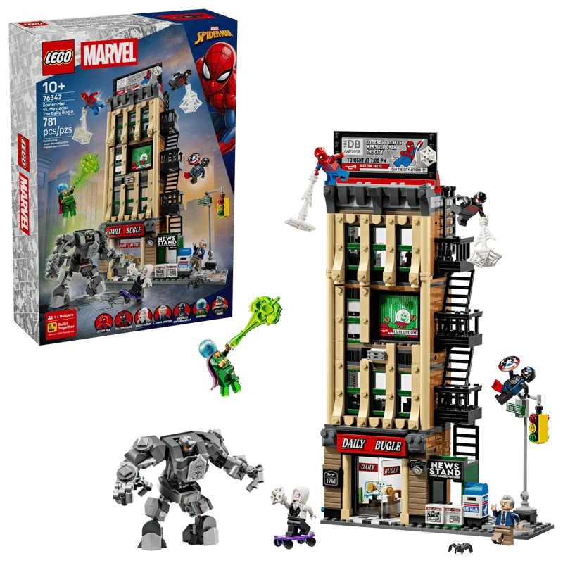 LEGO Spider-Man vs. Mysterio The Daily Bugle box beside the completed set