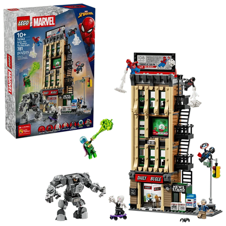 LEGO Spider-Man vs. Mysterio The Daily Bugle box beside the completed set