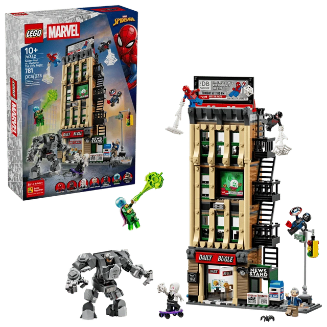 LEGO Spider-Man vs. Mysterio The Daily Bugle box beside the completed set