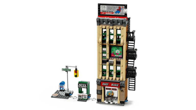 LEGO Daily Bugle building with street corner, newsstand and rooftop billboard
