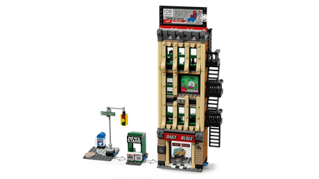 LEGO Daily Bugle building with street corner, newsstand and rooftop billboard