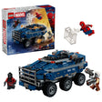 LEGO Marvel Spider-Man Prison Transport Chase box beside built blue vehicle, Spider-Man and minifigures