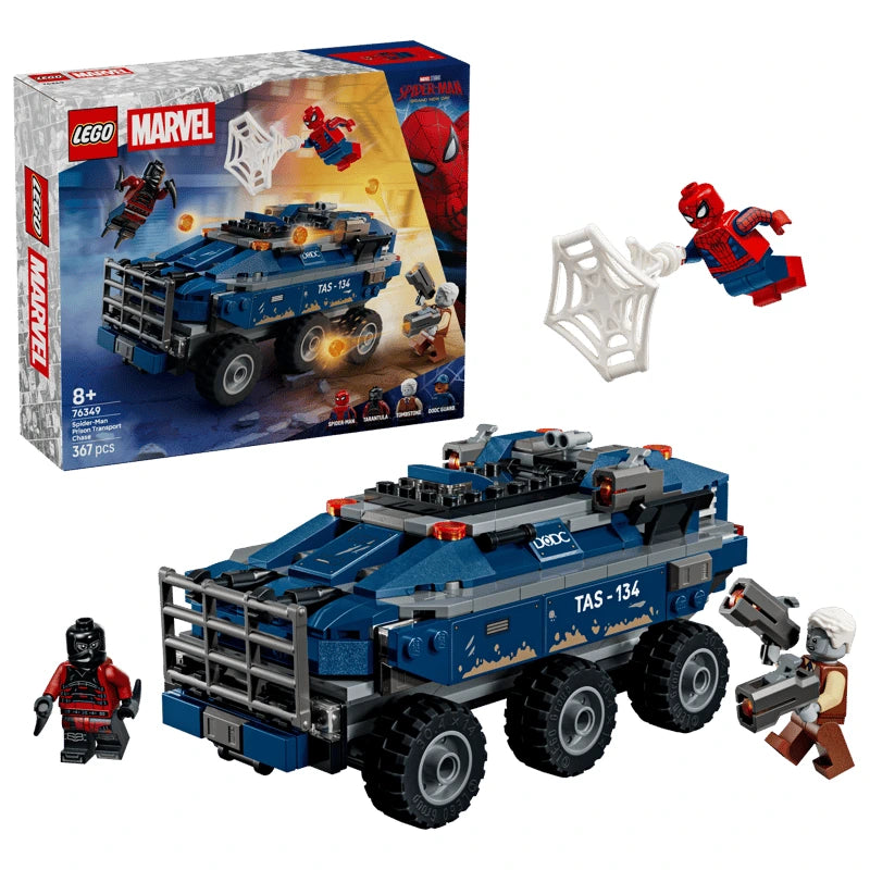 LEGO Marvel Spider-Man Prison Transport Chase box beside built blue vehicle, Spider-Man and minifigures