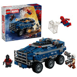LEGO Marvel Spider-Man Prison Transport Chase box beside built blue vehicle, Spider-Man and minifigures