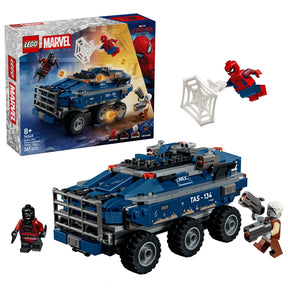 LEGO Marvel Spider-Man Prison Transport Chase box beside built blue vehicle, Spider-Man and minifigures