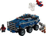 LEGO blue prison transport vehicle with Spider-Man, two minifigures and web pieces