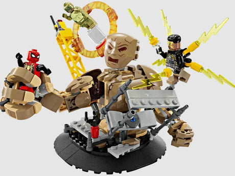 LEGO Marvel Spider-Man vs. Sandman Final Battle 76280 front action pose with Electro and Lizard in Ireland
