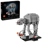 LEGO Star Wars AT-AT 75440 retail box beside the completed grey walker, Rebel Snowspeeder, black display stand and Star Wars nameplate.